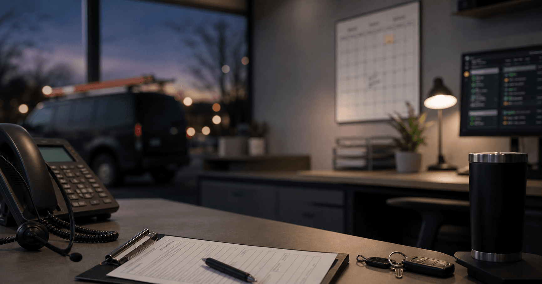 Blurred after-hours service dispatch office backdrop